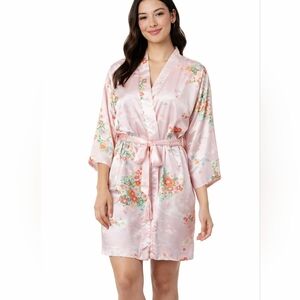 Ichiban Made In Japan Pink Floral Satin Kimono Robe Short Robe Belted